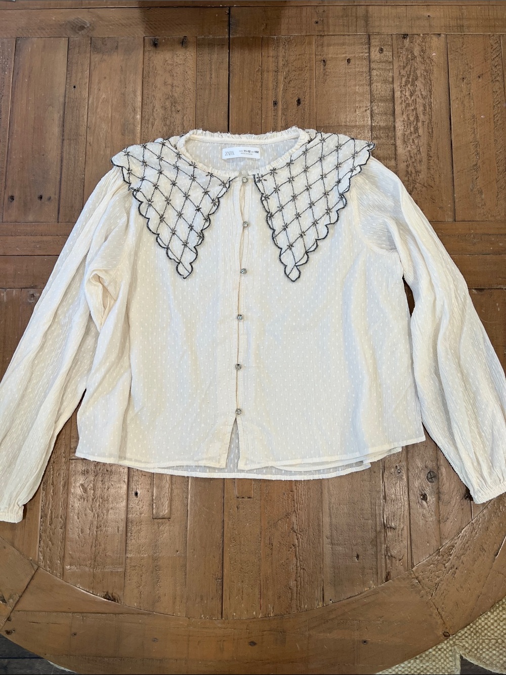 ZARA cream Swiss dot Textured Button Down Blouse with Embellished Collar 11-12